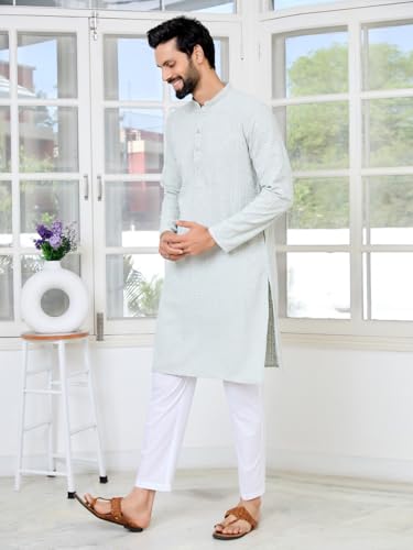 Image of See Designs Men's Full Sleeve Mandarin Collar Geometric Sequins Embroidered Thread Work Straight Long Kurta - Festive Collection