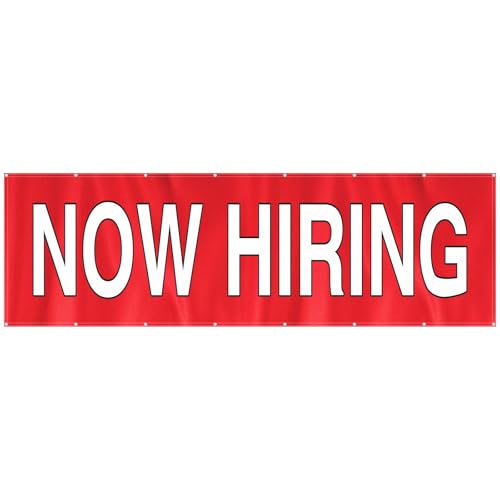 HunnmingRe Now Hiring Sign 3 x 10 ft Now Hiring Banner Outdoor Indoor for Business Red and White Satin Fabric Single-sided with Metal Grommets
