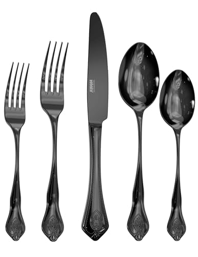 Beaded Edge 20-Piece Black Silverware Set, Mirror Polished Premium Stainless-Steel Deluxe Flatware Set Service for 4, Include Knife Fork Spoon, Dishwasher Safe