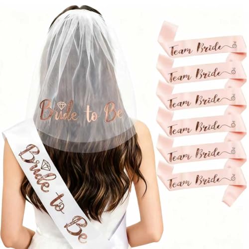 Bride to Be Sash and Veil Set - 1 White Bride to Be Sash, 1 Bride to Be Veil and 6 Team Bride Sashes, for Bridal Shower Decorations, Hens Party Decorations, Bridal Showers, and Hens Parties