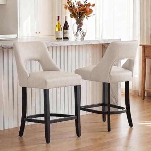 Image of UVV Bar Stools Set of 6, Modern Upholstered Counter Height Bar Stools, Faux Leather Counter Stools BarStools with Wood Legs for Kitchen Island Dining Room Bar, Beige