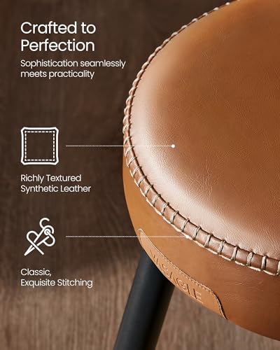 Image of VASAGLE EKHO Collection - Bar Stools Set of 2, Kitchen Counter Stools, Breakfast Stools, Synthetic Leather with Stitching, Mid-Century Modern, 24.8-Inch Tall, Home Bar, Caramel Brown ULBC080K01V1 | Breakfast Stools, Synthetic Leather with Stitching, Mid-Century Modern, Home Bar, Caramel Brown, EKHO Collection ULBC080K01