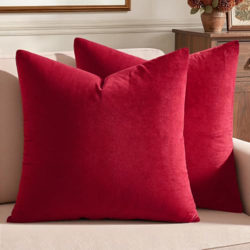 Image of MIULEE Pack of 2 Velvet Pillow Covers Decorative Square Pillowcase Soft Solid Cushion Case for Sofa Bedroom Car 22 x 22 Inch Red