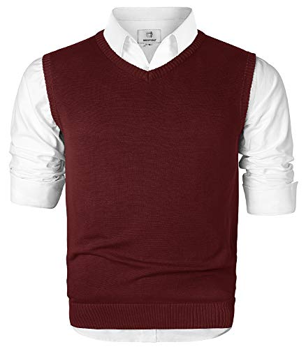 MOCOTONO Men's V-Neck Cotton Sleeveless Sweater Casual Vest Wine Red Medium