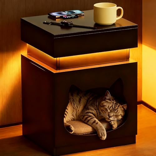 Night Stand with Charging Station, Wooden Side Table with Push Pull Drawer and LED Lights, Black End...