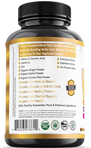 9-In-1 Immune Support Vitamin C (1000Mg), Vitamin D3 (5000 Iu), Zinc(22Mg) With Elderberry, Turmeric, Echinacea, Ginger, Garlic And Pre+Pro-Biotic Per Serving (120 Caps Per Bottle - 2 Month Supply) #TOP5