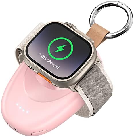 GagaKing Portable Charger for Apple Watch, Wireless iWatch Charger Magnetic 1400mAh Power Bank Travel Keychain Accessories Smart Watch Charger for Apple Watch Series 8/7/6/5/4/3/2/SE/Ultra, Pink