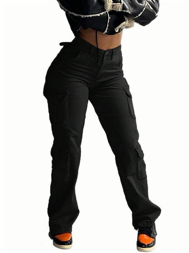Photo 1 of WGXWGX Y2K Style High Waist Wide Leg Jeans Cargo Pants Long Denim Baggy Straight Leg Multi Flap Pockets Retro Streetwear Boyfriend (US, Alpha, Large, Regular, Regular, Black)
