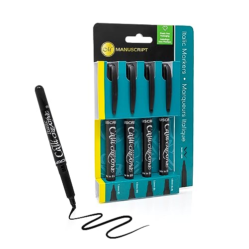 MANUSCRIPT Callicreative Italic Marker Pen | Black Permanent Markers Perfect Calligraphy Pens | Set of 4 Fine Medium Broad & Extra Broad Chisel Tip Pens