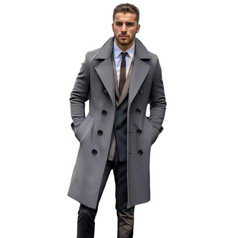 Men's Woolen Coat Double Breasted Long Jacket for Autumn and Winter