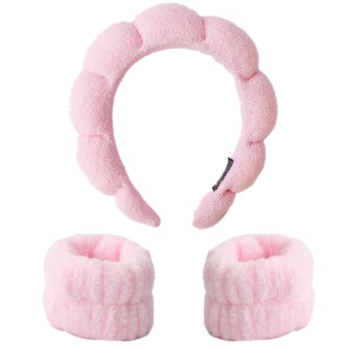 3PCS Spa Headband and Wristband Set, Sponge Headband for Washing Face Soft Puffy Headband Padded Hairband Facial Skincare Makeup Headbands for Women Girls, Pink