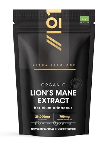 Organic Lions Mane Supplement 28,000mg – 50% Polysaccharides (700mg) – 180 Vegan Capsules – High Strength Mushroom Supplement – Resealable and Recyclable Pouch – by Alpha01