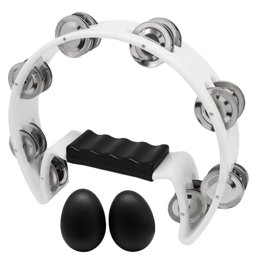 Hordion Tambourine Metal Jingles, Hand Held Percussion Half Moon Tambourines Musical Instrument for Adults Music Enthusiasts Party, White