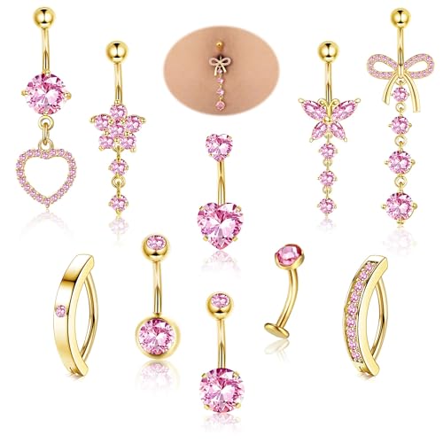 Diamday 10pcs Piercing Ombligo Acero Quirúrgico Piercing Ombligo Aro 14G Corazón Mariposa Flor Dangle Vientre Anillos para Mujeres Vientre Barras Barbell Ombligos Piercings Joyería