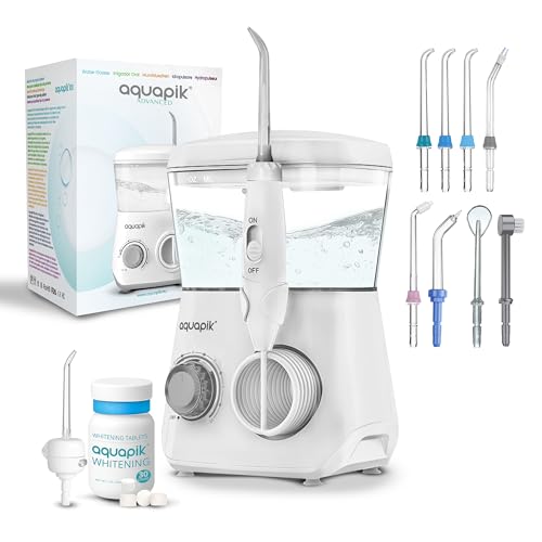 Aquapik® ADVANCED Idropulsore Dentale | Ideale per ortodonzia, impianti, gengive sensibili e placca dentale | Kit sbiancante + 8 ugelli (nasale) | 10 livelli di pressione | Consigliato dai dentisti