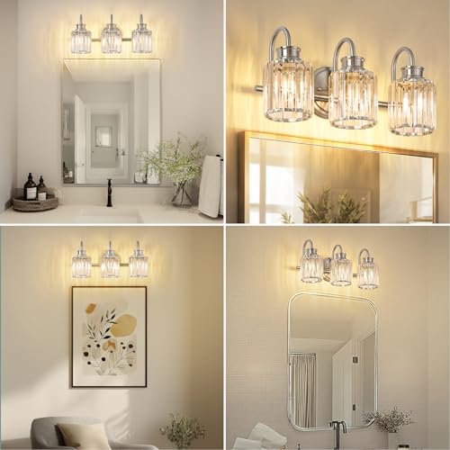 Image of Brushed Nickel Bathroom Light Fixtures with K9 Crystal Lampshade Bathroom Lighting Over Mirror Vanity Lights for Living Room,Bedroom,Restroom,Hallway 3 Lights