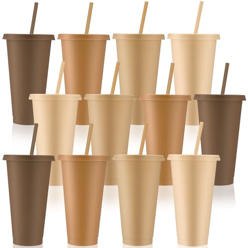 Skylety 12 Pcs Brown Plastic Cups with Lids and Straws 24 oz Reusable Tumbler Large Travel Mug Cup Coffee Beverage Drinks Party Supplies for Wedding Bridal Baby Shower Birthday