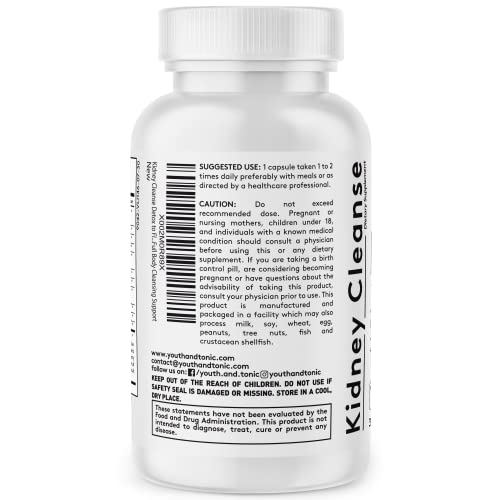Youth & Tonic Kidney Cleanse Detox For Residual Metabolic Waste & Excess Body Water For Urinary Tract & Bladder Health 30 Capsules #TOP6