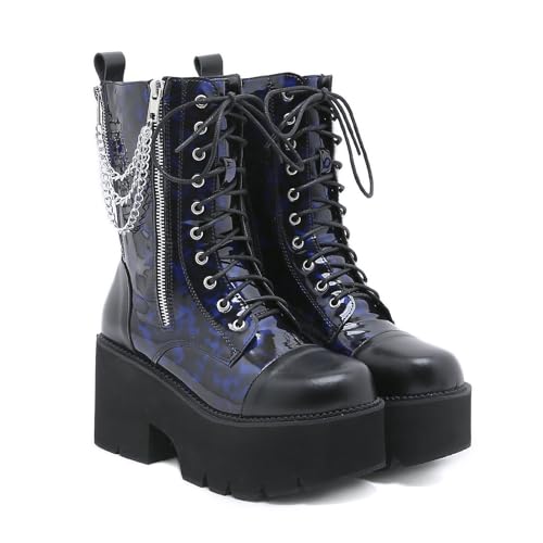 Women's Patent Leather Block Heel Platform Motorcycle Boots Fashion Chain Round Toe Lace Up & Zipper Anti-slip Goth Mid-Calf Boots Punk Y2k Short Boots
