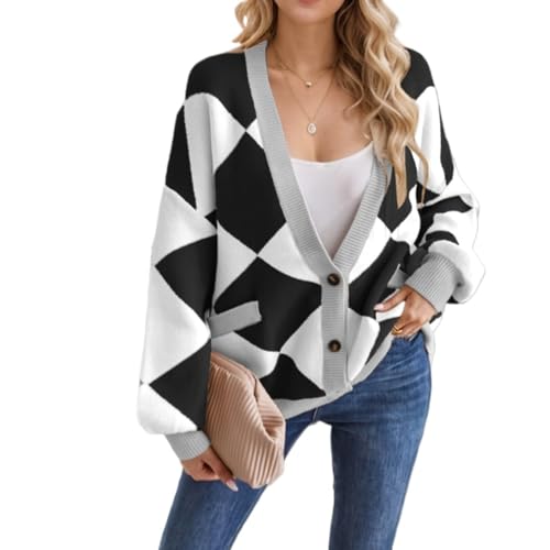 Sumleno Women Y2k Aesthetic Cardigan Sweaters Argyle Long Sleeve