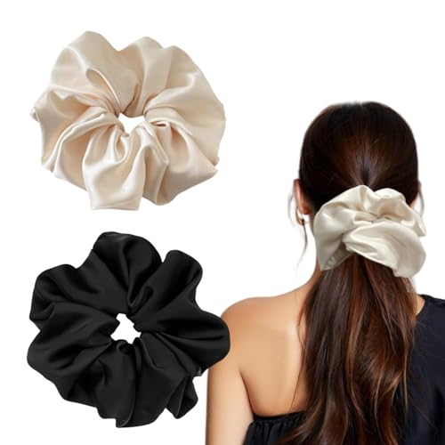 2 Pieces Jumbo Satin Silk Scrunchies For Women 7.5 Inches Large Oversize Scrunchies For Thick Hair Ties Hair Ornament (Black And Beige)
