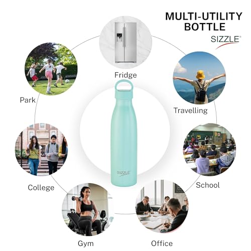 Image of Sizzle Modern Stainless Steel Water Bottle 700 ML Kids & Adults - Lightweight, Single Walled, Leakproof Water Bottle | For School, Office, Gym | Aqua (Pack of 1)