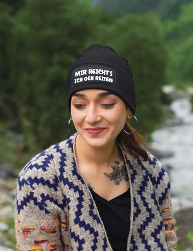 NIMAMA Mütze Beanie Mir REICHTS Ich GEH Reiten Wintermütze Statement Spruch Print Geschenk Unisex Strickmütze für Herren und Damen - Schwarz