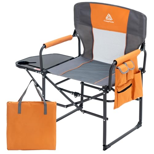 YOUGYM Wide Folding Director Chair with Table, Outdoor Camping Chair for Adults with Cup Holder Load 330 Lbs, Portable Lightweight Chair for Outside with Carry Bag for Patio, Orange-1Pack