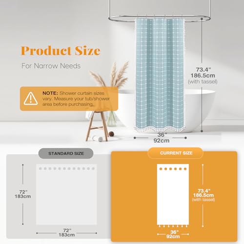 Image of BTTN Boho Shower Stall Curtain - 36x72 Narrow Linen Ultra Thick Tassel Fabric Cloth Shower Curtain Set with 6 Plastic Hooks, Half Small Modern Farmhouse Country Shower Curtains for Bathroom, Fog Blue
