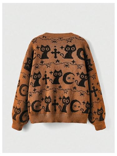 Image of WDIRARA Women's Goth Cartoon Pattern Sweater Long Sleeve Crewneck Knit Pullover Top