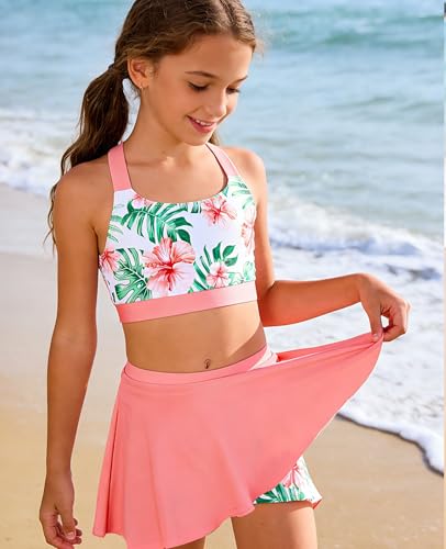 Image of Girls 2 Piece Tankini Swimsuit Summer Boyshort Bathing Suit with Beach Skirt Swimwear 5-16 Years