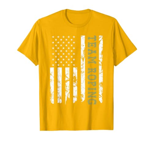 Team Roping Rodeo Vintage American Flag, 4th of July Cowboy T-Shirt, Men, Golden Yellow, Medium
