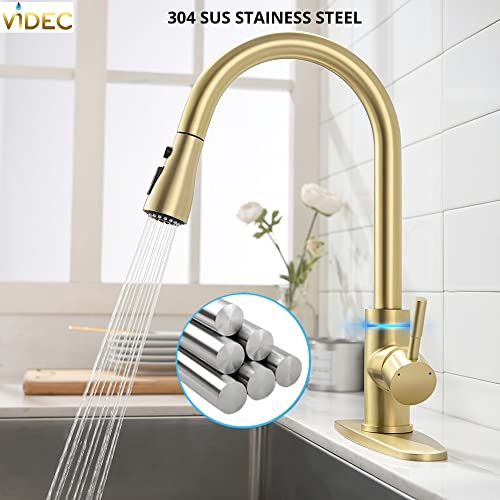 Videc Smart Kitchen Faucet, 3 Modes Pull Down Sprayer, Led Temperature Control, Ceramic Valve, 360-Degree Rotation, 1 Or 3 Hole Deck Plate. (Kw-68J, Brushed Gold, 15.66 Inches) #TOP4