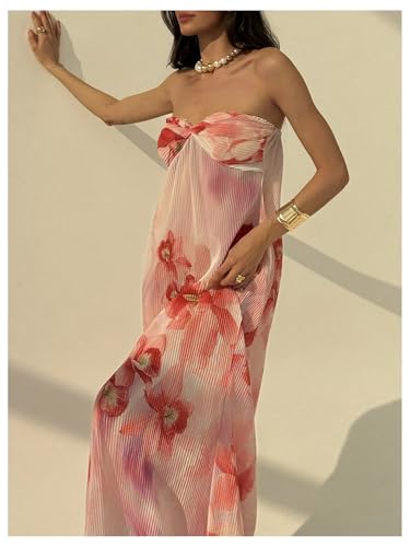 Image of SOLY HUX Women's Summer Floral Tube Dress Twist Front Strapless Vacation Beach Dresses Maxi Dress