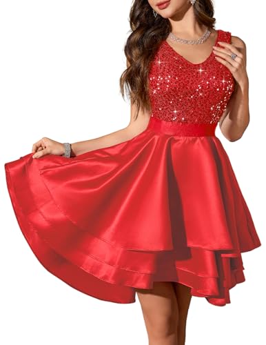 Meetjen Womens Cocktail Short Prom Dress Fancy Hi-Lo Glitter Girls Sequin Dresses Homecoming Formal A-line Satin Red L Meetjen Womens Cocktail Short Prom Dress Fancy Hi-Lo Glitter Girls Sequin Dresses Homecoming Formal A-line Satin Red L