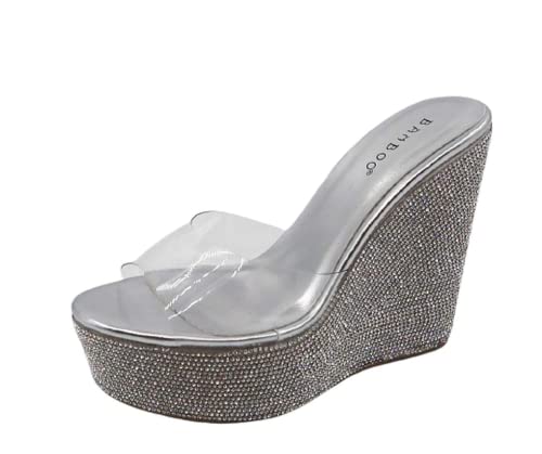 Image of BAMBOO Women's Clear Band Platform Wedge Slide ClearSilver34 Size 9