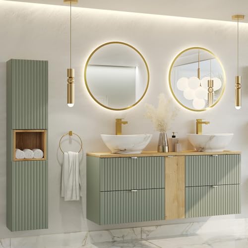 Badezimmer Badmöbel Set 4-teilig in grün und Eiche mit 140cm Waschtisch
