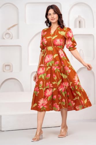 Image of Dress for Women | One Piece for Women | Long Stylish Women Dress Fit & Flare Maxi Dress, Cotton Summer Calf Length Dress