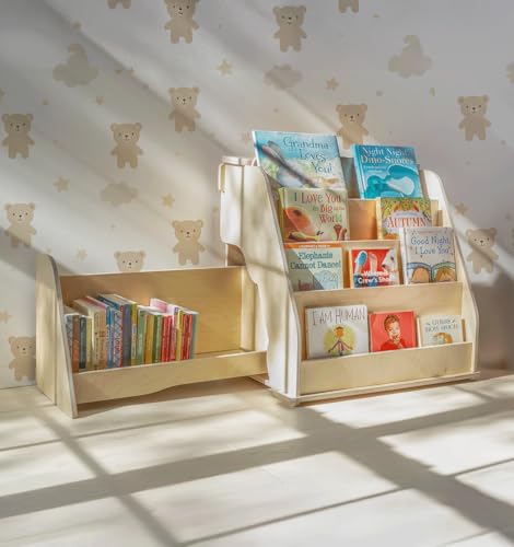 dannico Montessori Bookshelf for Toddlers - Kids Front Facing Book Shelf with Hidden Drawer - Wooden Bookcase, Top Toy Storage Compartment (Right Sided Drawer)