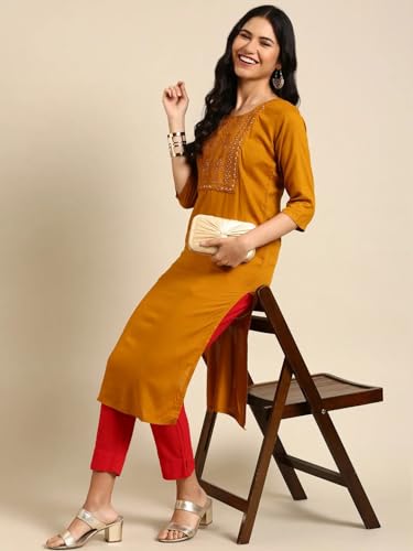 Image of SHOWOFFFF Women Solid Straight Ethnic Kurta | Round Neck 3 /4th Sleeves Cotton Kurta for Womens | Regular Fit Calf Length Kurta for Women's