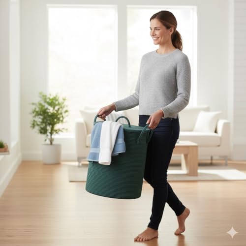 Image of Basket with Lid, 15 inch x 20 inch Woven Storage Basket for Blankets, Toys, Pillows, Towels, Living Room Bedroom Storage Bin, Round Rope Basket with Lid, Wicker Baskets for Organizing (BG5)