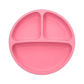Silicone Baby Plate with 3 Divided Sections, Round Suction Plate, Pink
