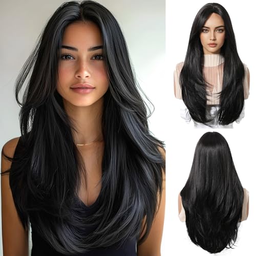 OUFEI Black Wigs for Women Long Wig with Bangs Natural Straight Wigs Synthetic Hair Heat Resistant Wigs for Daily Party Cosplay Wear