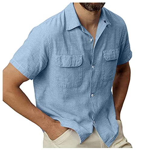 Camisa de algodón para hombre, de manga corta, informal, lisa, con dos bolsillos en el pecho, ligera, con botones, solapa, delgada, transpirable, moderna, clásica, ajuste regular, talla M-XXXL, azul