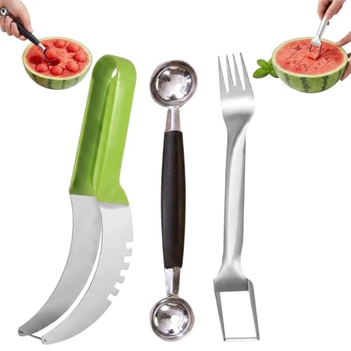 Melonenschneider Wassermelonen Schneider Set Praktisches Küchenwerkzeug für Obstplatten und Picknicks Edelstahl Melonen Schneidegerät mit Kugelausstecher für Familien und Haushalte