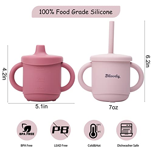 Dilovely Silicone Sippy Cup For Toddler, Transition Straw Cups For Baby 12 Months +, 3 In 1 Training Sippy Cups For Babies With Two Handles, 2 Pack Dishwasher & Microwave Safe, Bpa Free 7Oz Pink #TOP1