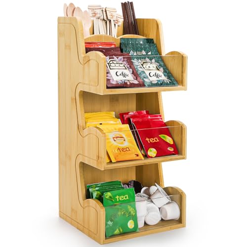 Nagpew 3 Tier Bamboo Coffee Condiment Station, 6 Compartments Coffee Tea Holder with Removable Acrylic Front Wall, Tabletop Organizer Sugar Pod Utensil for Countertop, Office, Home, Kitchen