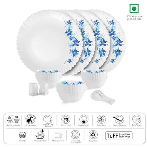 Image of Cello Opalware Dazzle Series Blue Swirl Dinner Set | Microwave & Dishwasher Safe | Light-Weight & Thermal Resistant | Crockery Set for Dining & Gifting | 22 Units