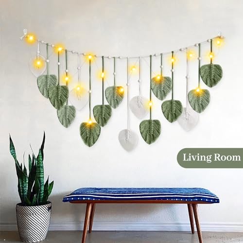 IHONYI Boho Deko - Makramee Wandbehang,Wandteppich Chic Tapisserie Fransengirlande Mit 3M LED Lichterkette,Handgewebt Girlande Boho Wanddeko Für Wohnzimmer/Balkon/kinderzimmer/Wohnwagen deko(Blatt)