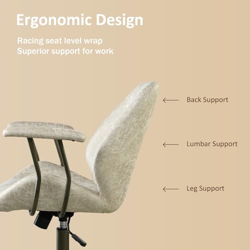 Image of Mid Back Home Office Chair, Mid Century Modern Executive Chair, Comfy Ergonomic Rolling Office Desk Chair with Lumbar Support, Faux Leather Office Chair, Beige